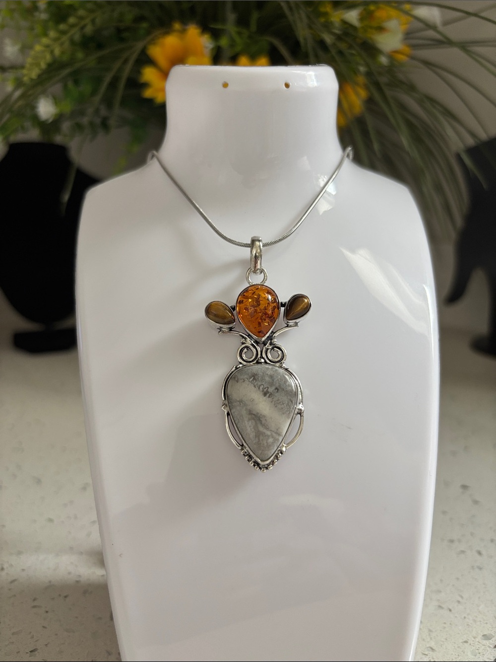 Agate & Amber Gemstone Ethnic Handmade Pendant Necklace